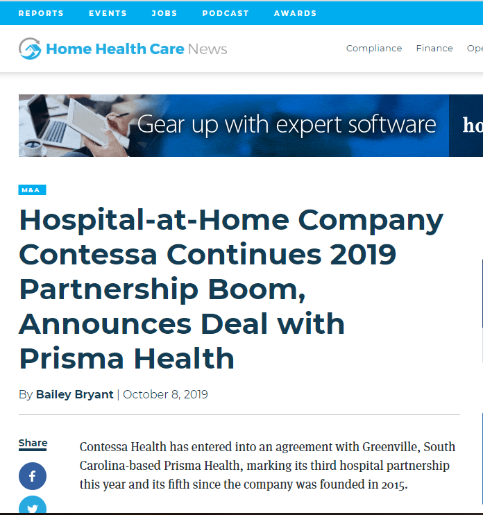 Contessa Health – Hospital-at-Home Company Contessa Continues 2019  Partnership Boom, Announces Deal with Prisma Health